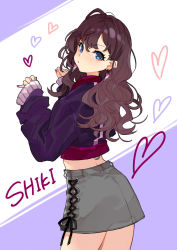 Rule 34 | 1girl, ahoge, back, blue eyes, blush, brown hair, character name, closed mouth, commentary request, cross-laced clothes, earrings, fingernails, grey skirt, hair between eyes, hair ornament, hairclip, hands up, head tilt, heart, highres, ichinose shiki, idolmaster, idolmaster cinderella girls, jacket, jewelry, long hair, long sleeves, looking at viewer, looking back, looking to the side, midriff, nail polish, purple background, purple jacket, purple nails, red nails, skirt, sleeves past wrists, solo, thighs, two-tone background, very long hair, wavy hair, white background, yuu (higashi no penguin)
