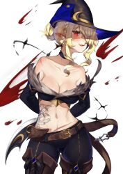 Rule 34 | 1girl, arms behind back, belt, belt buckle, blonde hair, breasts, brown belt, buckle, cleavage, hair bun, hair over one eye, hat, highres, large breasts, looking at viewer, navel, nithros, open mouth, original, pants, pointy ears, red eyes, simple background, single hair bun, smile, solo, standing, torn clothes, white background