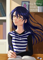 Rule 34 | 1girl, absurdres, artist name, artist request, blue hair, blush, book, bookshelf, breasts, drawing (object), elbow on table, elbow sleeves, eraser, female focus, hair between eyes, hair over shoulder, highres, holding, holding pencil, indoors, long hair, long sleeves, looking at viewer, looking up, love live!, love live! school idol project, parted lips, pencil, shirt, small breasts, smile, solo, sonoda umi, striped clothes, striped shirt, table, upper body, yellow eyes