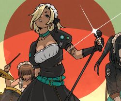 Rule 34 | 3girls, akairiot, apron, arm tattoo, band, belt, black dress, black hair, blonde hair, blunt bangs, breasts, brown hair, brown lips, cleavage, clenched teeth, collar, collarbone, commentary, cymbals, dark-skinned female, dark skin, dress, drum, drum set, drumsticks, earrings, electric guitar, english commentary, fang, fingerless gloves, fingernails, gloves, gothic lolita, green belt, green collar, green eyes, green nails, guitar, hair over eyes, hair over one eye, head out of frame, highres, holding, holding microphone, holding microphone stand, hoop earrings, instrument, jewelry, lens flare, lolita fashion, long hair, looking at viewer, maid, maid apron, maid headdress, medium breasts, microphone, microphone stand, mole, mole under eye, multiple belts, multiple girls, nail polish, original, puffy short sleeves, puffy sleeves, short eyebrows, short hair, short sleeves, solo focus, tattoo, teeth, torn clothes, torn dress, two side up, upper teeth only