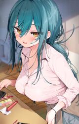 Rule 34 | 1girl, absurdres, aqua hair, blush, breasts, brown jacket, bursting breasts, button gap, buttons, cleavage, clothes around waist, collared shirt, crossed bangs, grey skirt, hair between eyes, highres, indoors, itohana, jacket, jacket around waist, large breasts, leaning forward, long hair, looking at viewer, low ponytail, messy hair, open mouth, original, pleated skirt, shirt, sidelocks, skirt, solo, sweat, white shirt, yellow eyes