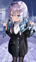 Rule 34 | 1girl, absurdres, black coat, black pantyhose, black ribbon, blue eyes, blue scarf, blurry, blurry background, blush, closed mouth, coat, commentary request, depth of field, feet out of frame, fringe trim, hair between eyes, hair intakes, hair ribbon, half updo, hands up, highres, holding, long sleeves, original, outdoors, pantyhose, ribbed sweater, ribbon, scarf, silver hair, sinobi illust, smile, solo, standing, sweater, turtleneck, turtleneck sweater, white sweater