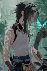Rule 34 | 1boy, ahoge, arm tattoo, armor, black hair, bug, butterfly, butterfly on hand, closed mouth, day, eyeshadow, facial mark, forehead mark, from side, genshin impact, gloves, green hair, highres, insect, leaf, makeup, male focus, multicolored hair, outdoors, profile, qingxin gua yu, rain, red eyeshadow, solo, spikes, tattoo, xiao (genshin impact), yellow eyes