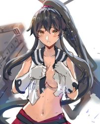 Rule 34 | 10s, 1girl, black hair, breasts, cleavage, gloves, kantai collection, large breasts, looking at viewer, midriff, navel, parted lips, ponytail, ran&#039;ou (tamago no kimi), simple background, sleeveless, solo, torn clothes, white background, yahagi (kancolle), yellow eyes