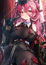 Rule 34 | 1girl, bare shoulders, black gloves, black jacket, black leotard, blush, bodystocking, breasts, cleavage, crossed bangs, gloves, hair between eyes, hair bun, hat, heterochromia, highres, holding, hololive, houshou marine, houshou marine (marching band), jacket, large breasts, leotard, long hair, long sleeves, masi masio, multicolored hair, open clothes, open jacket, orange eyes, parted lips, puffy long sleeves, puffy sleeves, red hair, see-through, see-through cleavage, single side bun, solo, thighs, two-tone hair, virtual youtuber, white hair, yellow eyes