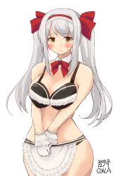Rule 34 | 1girl, alternate costume, alternate hairstyle, apron, black panties, blush, bra, breasts, collarbone, dated, embarrassed, frilled bra, frills, gloves, hair ribbon, hairband, headband, highres, kantai collection, large breasts, long hair, owa (ishtail), panties, red headband, red ribbon, ribbon, shoukaku (kancolle), signature, simple background, solo, twintails, underwear, white background, white gloves, white hair