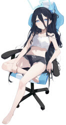 1girl absurdres alternate_costume ankle_under_leg aqua_halo aris_(blue_archive) barefoot black_hair black_shorts blue_archive blue_eyes chair closed_mouth commentary_request dolphin_shorts full_body gaming_chair hair_between_eyes halo highres legs long_bangs looking_at_viewer micro_shorts midriff ni_de_pengyou on_chair shirt shorts side_ponytail simple_background sitting smile solo strap_slip swivel_chair white_background white_shirt