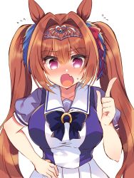 Rule 34 | 1girl, :o, @ @, animal ears, blouse, blue bow, blue shirt, blush, bow, breasts, brown hair, daiwa scarlet (umamusume), fang, flying sweatdrops, hair between eyes, hair intakes, hand on own hip, hand up, highres, horse ears, index finger raised, large breasts, long hair, looking at viewer, nose blush, open mouth, pleated skirt, puffy short sleeves, puffy sleeves, purple shirt, red eyes, school uniform, shirt, short sleeves, simple background, skirt, solo, suzunone rena, sweat, tiara, tracen school uniform, twintails, umamusume, v-shaped eyebrows, very long hair, white background, white skirt