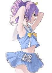 Rule 34 | 1girl, aqua eyes, armpits, arms up, azur lane, bare arms, bare shoulders, blue shirt, blue skirt, bow, bowtie, cowboy shot, crop top, crop top overhang, from side, hair ornament, idol, javelin (azur lane), javelin (let&#039;s become waitresses!) (azur lane), looking away, midriff, miniskirt, navel, official alternate costume, ootani nonno, ponytail, profile, purple hair, sailor collar, shirt, simple background, skirt, sleeveless, sleeveless shirt, solo, stomach, white background