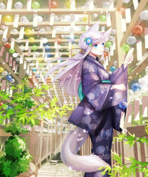 Rule 34 | 1girl, aiha-deko, animal ears, bad id, bad pixiv id, blue eyes, bubble, floral print, flower, fox ears, fox tail, from side, hair flower, hair ornament, hair tie, japanese clothes, kimono, long hair, long sleeves, looking away, morning glory, morning glory print, open mouth, original, outdoors, plant, ponytail, print kimono, purple hair, smile, solo, sunlight, swept bangs, tail, wide sleeves, wind chime, wind chime focus, yukata