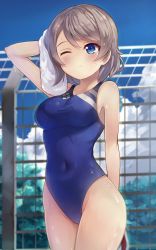 Rule 34 | 10s, 1girl, absurdres, blue eyes, blue one-piece swimsuit, blurry, blush, breasts, brown hair, competition swimsuit, covered navel, cowboy shot, day, depth of field, drying, drying hair, groin, highleg, highleg swimsuit, highres, looking away, love live!, love live! sunshine!!, medium breasts, motokonut, one-piece swimsuit, one eye closed, outdoors, short hair, sky, solo, standing, swimsuit, towel, watanabe you, wet
