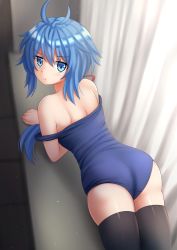 Rule 34 | 10s, 1girl, :t, ahoge, antenna hair, ass, bare shoulders, black thighhighs, blue eyes, blue hair, blue one-piece swimsuit, blurry, blurry background, from behind, highres, kazenokaze, light particles, long hair, looking at viewer, looking back, one-piece swimsuit, pout, rokudenashi majutsu koushi to akashic record, ryiel rayford, school swimsuit, shoulder blades, solo, strap slip, swimsuit, thighhighs