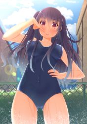 Rule 34 | 1girl, black hair, blush, breasts, chain-link fence, competition school swimsuit, covered erect nipples, fence, highres, long hair, looking at viewer, one-piece swimsuit, original, red eyes, school swimsuit, smile, solo, standing, swimsuit, takumi1006, twintails, wet