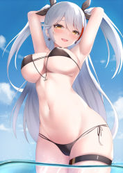 Rule 34 | 1girl, armpits, arms behind head, arms up, azur lane, bare arms, bare shoulders, bikini, black bikini, breasts, cleavage, cowboy shot, cross, cross earrings, day, earrings, groin, hair ribbon, highres, jewelry, large breasts, long hair, looking at viewer, multi-strapped bikini, multicolored hair, navel, official alternate costume, outdoors, prinz eugen (azur lane), prinz eugen (unfading smile) (azur lane), revision, ribbon, side-tie bikini bottom, skindentation, solo, standing, stomach, streaked hair, string bikini, swimsuit, tatsumiya kagari, thigh strap, two side up, very long hair, wading, water, white hair, yellow eyes
