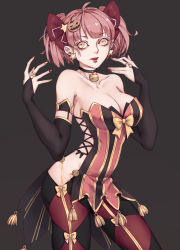 Rule 34 | 1girl, absurdres, breasts, bridal gauntlets, choker, cleavage, earrings, elbow gloves, gloves, grey background, highres, jack-o&#039;-lantern, jewelry, large breasts, later (chiyating), nail polish, original, pink hair, pumpkin, red lips, side slit, smile, solo, star (symbol), star earrings, thighs, twintails, yellow eyes
