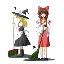 Rule 34 | 2girls, ;p, ?, ascot, blonde hair, boots, bow, broom, brown hair, detached sleeves, female focus, hair bow, hair tubes, hakurei reimu, hat, kirisame marisa, multiple girls, one eye closed, profile, simple background, sweatdrop, tongue, tongue out, touhou, white background, witch hat
