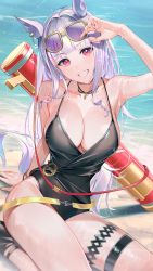 Rule 34 | 1girl, animal ears, arm support, arm up, armpits, black one-piece swimsuit, blunt bangs, blush, bracelet, breasts, cleavage, collarbone, eyewear on head, gold ship (run revolt launcher) (umamusume), gold ship (umamusume), grin, highres, horse ears, horse tail, jewelry, kainown, large breasts, light purple hair, looking at viewer, one-piece swimsuit, smile, solo, swimsuit, tail, thigh strap, tinted eyewear, umamusume, water gun