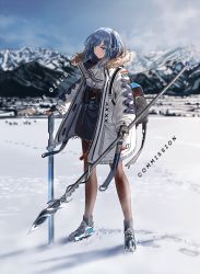 Rule 34 | 1girl, artist name, backpack, bag, black gloves, blue eyes, blue hair, blue skirt, blurry, blurry background, cloud, cloudy sky, commentary, fingerless gloves, footprints, gloves, holding, holding weapon, jacket, landscape, mountain, one side up, open clothes, open jacket, original, pantyhose, polearm, shadow, shirt, shoes, short hair, sidelocks, silence girl, skirt, sky, sneakers, snow, solo, spear, swept bangs, sword, symbol-only commentary, weapon, white jacket, white shirt