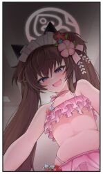 Rule 34 | 1girl, absurdres, animal ears, bikini, blue archive, blush, breasts, brown hair, choker, collarbone, fake animal ears, fang, frilled bikini, frills, from below, halo, hasarang, highres, long hair, looking at viewer, looking down, maid headdress, navel, open mouth, pink bikini, pink choker, pink halo, purple eyes, shizuko (blue archive), shizuko (swimsuit) (blue archive), skin fang, small breasts, smile, solo, stomach, sweat, swimsuit, twintails, underboob, white headdress