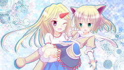 Rule 34 | 2girls, absurdres, animal ears, arm warmers, blonde hair, blouse, boots, carrying, cat ears, cat girl, checkered background, choko (mixberry parfait), eye contact, female focus, floral background, gradient background, green eyes, highres, horns, hoshiguma yuugi, kemonomimi mode, long hair, looking at another, mizuhashi parsee, multiple girls, one eye closed, open mouth, outline, princess carry, puffy short sleeves, puffy sleeves, red eyes, scarf, shadow, shirt, short hair, short sleeves, single horn, skirt, touhou, white scarf, wink