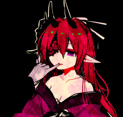 Rule 34 | 1girl, agi (neckless), alternate hairstyle, black background, breasts, cleavage, closed mouth, collarbone, eyepatch, flower, hair between eyes, hair down, head tilt, horns, japanese clothes, kimono, long hair, off shoulder, original, phantasy star, phantasy star online 2, pinky out, pointy ears, purple eyes, red hair, red rose, rose, solo focus, upper body, very long hair, white background