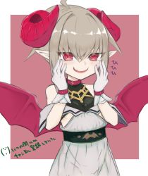 Rule 34 | 1girl, absurdres, ahoge, belt collar, blush, border, collar, curled horns, dress, fang, flat chest, gloves, grey dress, grey hair, hair between eyes, hands up, highres, horns, looking at viewer, makaino ririmu, nijisanji, pointy ears, red background, red eyes, short hair, sidelocks, simple background, skin fang, smile, solo, spread wings, utsusumi kio, virtual youtuber, white border, white gloves