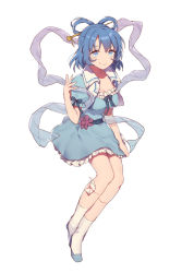 Rule 34 | 1girl, blue dress, blue eyes, blue footwear, blue hair, breasts, cleavage, closed mouth, dress, hair ornament, hair rings, hair stick, highres, kaku seiga, looking at viewer, medium breasts, miebao, puffy short sleeves, puffy sleeves, shawl, shoes, short sleeves, simple background, socks, solo, touhou, white background, white socks