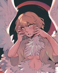 Rule 34 | 1girl, artist name, brown hair, commentary, dungeon meshi, english commentary, falin touden, falin touden (chimera), feathers, hands up, highres, ikimaru, looking at viewer, medium hair, navel, solo, upper body, white wings, wings, yellow eyes