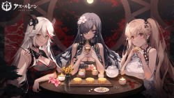 Rule 34 | 3girls, aegir (azur lane), anchorage (azur lane), august von parseval (azur lane), azur lane, bare arms, bare shoulders, black choker, black dress, black hair, breast rest, breasts, breasts on table, brown hair, china dress, chinese clothes, choker, cleavage cutout, clothing cutout, cup, dress, earrings, flower, gold trim, grin, hair flower, hair ornament, hair over one eye, hairclip, hands up, horns, jewelry, large breasts, long hair, looking at viewer, multicolored hair, multiple girls, official art, print dress, purple eyes, red eyes, sleeveless, sleeveless dress, smile, streaked hair, table, teacup, teapot, ttosom, twintails, very long hair, white dress, white hair, yellow eyes