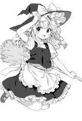Rule 34 | 1girl, :d, adjusting clothes, adjusting headwear, ama-tou, apron, arm at side, arm up, bamboo broom, bow, braid, broom, floating hair, frilled apron, frilled sleeves, frills, from side, full body, greyscale, hair bow, halftone, hand on headwear, hat, hat bow, highres, holding, holding broom, jaggy lines, jumping, kirisame marisa, legs up, long hair, looking at viewer, looking to the side, mary janes, medium skirt, monochrome, open mouth, petticoat, pleated skirt, puffy short sleeves, puffy sleeves, shirt tucked in, shoes, short sleeves, side braid, simple background, single braid, skirt, skirt set, smile, solo, touhou, turtleneck, waist apron, white background, witch, witch hat