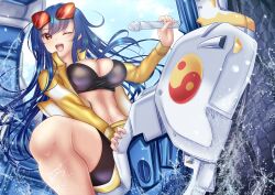 Rule 34 | 1girl, ;d, alternate costume, bikini, black bikini, blue hair, breasts, cleavage, commentary request, eyewear on head, hinanawi tenshi, large breasts, long hair, looking at viewer, navel, one eye closed, open mouth, orb, red-framed eyewear, red eyes, shounen (hogehoge), smile, solo, swimsuit, touhou, touhou lostword, variant set, vest, water, yellow vest, yin yang, yin yang orb