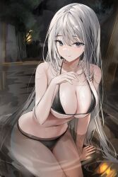 Rule 34 | 1girl, absurdres, arm support, bare arms, bare shoulders, bath, bikini, black bikini, breasts, commentary request, grey eyes, hand up, highres, large breasts, lillly, long hair, looking at viewer, navel, onsen, original, outdoors, sitting, smile, solo, stomach, swimsuit, thighs, very long hair, white hair