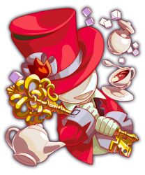 Rule 34 | anime coloring, artist request, black collar, collar, collared jacket, collared shirt, crash fever, cup, fire ornament, full body, game cg, gloves, grey necktie, grey sleeve cuffs, hat, holding, holding key, jacket, key, mad hatter (crash fever), necktie, no eyes, no humans, number print, numbered, official art, open mouth, outline, plate, print sleeve cuffs, red hair, red hat, red jacket, red outline, red sleeves, red theme, shirt, simple background, sleeve cuffs, solo, spoon, square, square print, sugar cube, tachi-e, tea, teacup, teapot, third-party source, top hat, transparent background, white gloves, white shirt