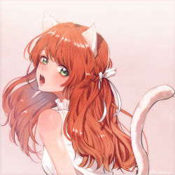 Rule 34 | 1girl, animal ears, bare shoulders, braid, breasts, cat ears, cat girl, cat tail, eyelashes, french braid, frills, from behind, green eyes, harry potter (series), kurosujuu, lily evans, long hair, looking at viewer, looking back, medium breasts, open mouth, orange hair, pink background, ribbon, sleeveless, solo, tail, upper body, white ribbon, wizarding world