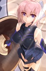 Rule 34 | 1girl, absurdres, armor, armored dress, black gloves, black leotard, blush, breasts, closed mouth, cowboy shot, day, elbow gloves, fate/grand order, fate (series), gloves, greaves, hair between eyes, highres, holding, holding shield, large breasts, leotard, light purple hair, light rays, light smile, looking at viewer, mash kyrielight, outdoors, purple eyes, shield, short hair, shunichi, smile, solo, thigh strap