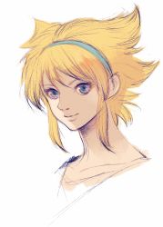 Rule 34 | 1girl, blonde hair, blue eyes, breath of fire, breath of fire i, closed mouth, hairband, highres, kannoaki, looking at viewer, nina (breath of fire i), portrait, short hair, simple background, solo, white background