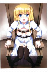 Rule 34 | 1girl, artist request, bdsm, blonde hair, blue eyes, blush, bondage, bound, breasts, breasts apart, chair, dress, highres, long hair, looking at viewer, open clothes, open dress, open mouth, panties, sitting, solo, strapped down, thighhighs, tongue, torn clothes, torn dress, underwear, white dress