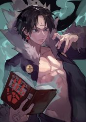 Rule 34 | 1boy, absurdres, bare pectorals, black eyes, black hair, black jacket, book, chrollo lucilfer, collarbone, commentary, cross, earrings, facial mark, fingernails, fur-trimmed jacket, fur trim, handprint, hand tattoo, highres, holding, holding book, hunter x hunter, jacket, jewelry, magic, male focus, muscular, open book, open clothes, open jacket, parted lips, pectorals, single earring, solo, spell, tattoo, uedrk yamato