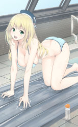 Rule 34 | 10s, 1girl, :d, air mattress, all fours, ass, atago (kancolle), bare shoulders, barefoot, beret, blonde hair, bottle, breasts, butt crack, cleavage, covered erect nipples, green eyes, hanging breasts, hat, highres, indoors, kantai collection, large breasts, long hair, looking at viewer, lotion, lube, mat, oil, open mouth, pool ladder, rei no pool, shiny skin, smile, soapland, solo, swimsuit, tile floor, tiles, urigarasu, water, window