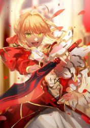 Rule 34 | 10s, 1girl, :d, aestus estus, ahoge, blonde hair, commentary request, epaulettes, fate/extra, fate (series), green hair, hair intakes, highres, looking at viewer, nero claudius (fate), nero claudius (fate), nero claudius (fate/extra), no-kan, open mouth, smile, sword, v-shaped eyebrows, weapon