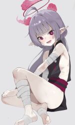 Rule 34 | 1girl, ahoge, areola slip, ass, bandaged arm, bandaged foot, bandaged wrist, bandages, barefoot, blue archive, grey hair, halo, highres, japanese clothes, kagemoe1003, long hair, looking at viewer, obi, pointy ears, red eyes, red halo, sash, shuro (blue archive), sleeveless, solo, toes