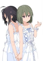 Rule 34 | 2girls, antenna hair, back, back-to-back, bare shoulders, black eyes, black hair, blush, bow, breasts, cleavage, closed mouth, collarbone, dress, frilled dress, frills, green hair, hand grab, hand up, highres, idolmaster, idolmaster (classic), idolmaster million live!, idolmaster million live! theater days, kikuchi makoto, looking at another, looking down, multiple girls, nagayoshi subaru, pure onepiece (idolmaster), rauto, red eyes, short hair, simple background, sleeveless, sleeveless dress, small breasts, smile, waist bow, white background, white dress, white wristband
