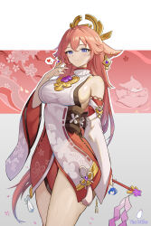 Rule 34 | 1girl, absurdres, animal ears, bare shoulders, breasts, commentary request, cowboy shot, detached sleeves, floral print, fox ears, genshin impact, gohei, gradient background, grey background, hand up, heart, highres, holding, large breasts, long hair, long sleeves, looking at viewer, miniskirt, niunai, nontraditional miko, pink hair, purple eyes, raiden shogun, red skirt, shirt, skirt, sleeveless, sleeveless shirt, smile, solo, spoken heart, standing, thighs, very long hair, white shirt, yae miko, yae miko (fox)