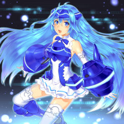 Rule 34 | 1girl, :d, armor, bare shoulders, blue eyes, blue hair, blush, boots, bow, breastplate, detached sleeves, dress, fingerless gloves, fusion, gauntlets, gloves, greaves, headgear, light particles, long hair, matching hair/eyes, open mouth, smile, solo, suika01, thighhighs, vividblue, vividred operation, white thighhighs
