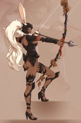 Rule 34 | 1girl, aiming, animal ears, armor, arrow (projectile), ass, bow (weapon), breasts, rabbit ears, commentary, dark skin, dark-skinned female, ears through headwear, english commentary, final fantasy, final fantasy xii, fingernails, fran (ff12), from side, full body, greaves, helmet, high heels, joakim sandberg, knee pads, leg up, long fingernails, long hair, medium breasts, ponytail, revealing clothes, shrug (clothing), sideboob, solo, vambraces, viera, weapon, white hair, zoom layer
