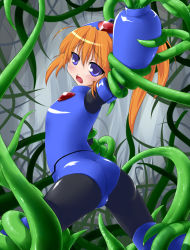 Rule 34 | ahoge, arm cannon, ass, blue eyes, blush, bodysuit, cocytus (wind master), forest, highres, imminent rape, latex, long hair, nature, object insertion, orange hair, ponytail, restrained, rokko-chan, rokko-chan (character), weapon