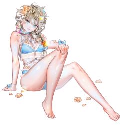 Rule 34 | 1girl, bare legs, barefoot, bikini, blonde hair, blue eyes, bow, braid, bridal gauntlets, choker, copyright request, crop top, flower, hair flower, hair ornament, hair over shoulder, hand on own knee, harness, highres, knees up, lace, lace-trimmed bikini, lace-trimmed choker, lace trim, navel, petals, sitting, solo, sottan (wowo0owow), swimsuit