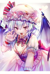 Rule 34 | 1girl, :d, absurdres, back bow, bat wings, bow, bowtie, breasts, center frills, claw pose, dress, fangs, frills, hair between eyes, hand up, hat, hat bow, heart, here (hr rz ggg), highres, leaning forward, letterboxed, looking at viewer, medium breasts, mob cap, multicolored bow, nail polish, open mouth, outside border, pink dress, pink eyes, pink hat, pink nails, puffy short sleeves, puffy sleeves, purple hair, red bow, red sash, remilia scarlet, sash, short hair, short sleeves, smile, solo, touhou, tsurime, v-shaped eyebrows, wavy hair, wings, wrist cuffs