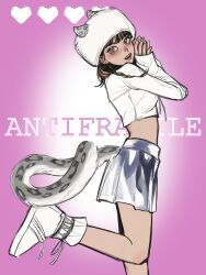 Rule 34 | 1girl, animal ears, animification, black hair, blush, boots, braid, brown hair, grey eyes, grey skirt, heart, highres, k-pop, kemonomimi mode, kim chae-won, le sserafim, leopard ears, leopard girl, leopard tail, long sleeves, looking at viewer, medium hair, multicolored hair, murenzi, open mouth, pink background, pink lips, pleated skirt, real life, shirt, side braid, skirt, sleeves past wrists, smile, solo, song name, streaked hair, tail, white footwear, white headwear, white shirt