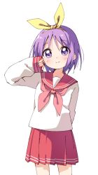 Rule 34 | arm at side, arm behind back, blush, bow, closed mouth, cowboy shot, hair bow, hairband, hand on own face, haru (konomi 150), highres, hiiragi tsukasa, long sleeves, looking at viewer, lucky star, pleated skirt, purple eyes, purple hair, red sailor collar, red skirt, sailor collar, school uniform, serafuku, shadow, shirt, short hair, simple background, skirt, smile, standing, white background, white shirt, yellow hairband